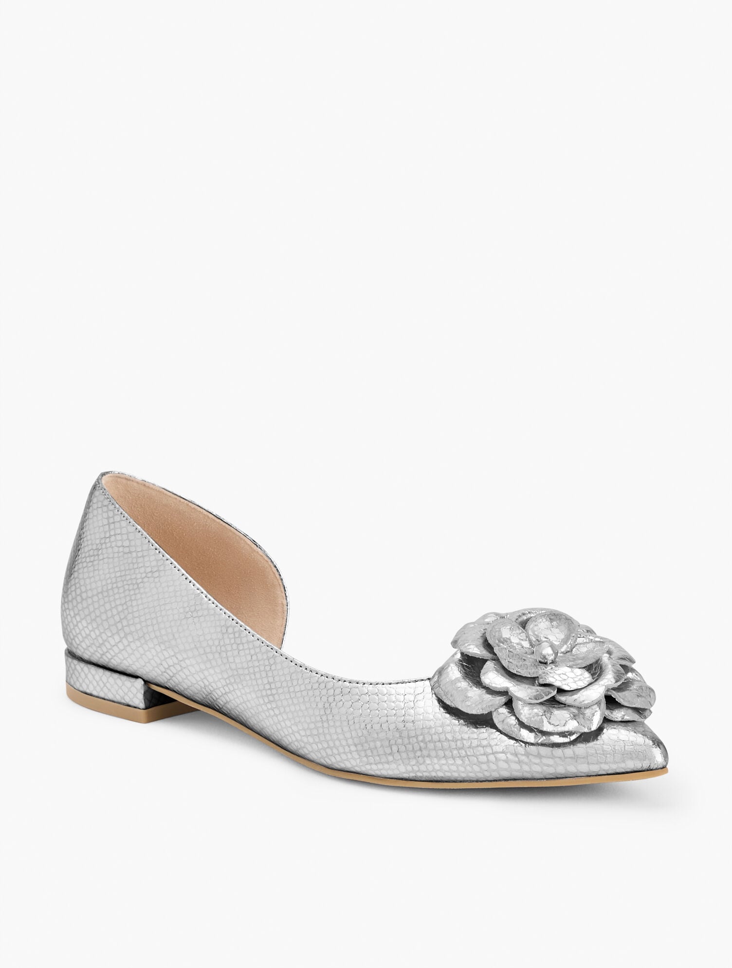 Scarlet Flower Embossed Metallic Flats