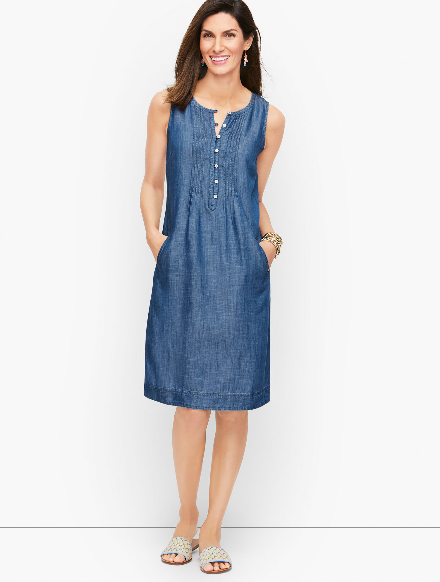 Pintucked Denim Shift Dress Talbots