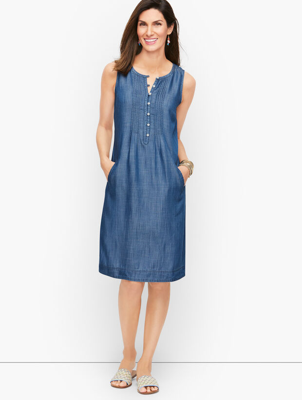 Pintucked Denim Shift Dress