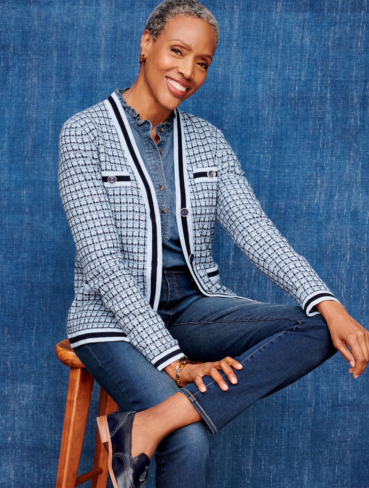 Jacquard V-Neck Sweater Jacket Mini Plaid Talbots