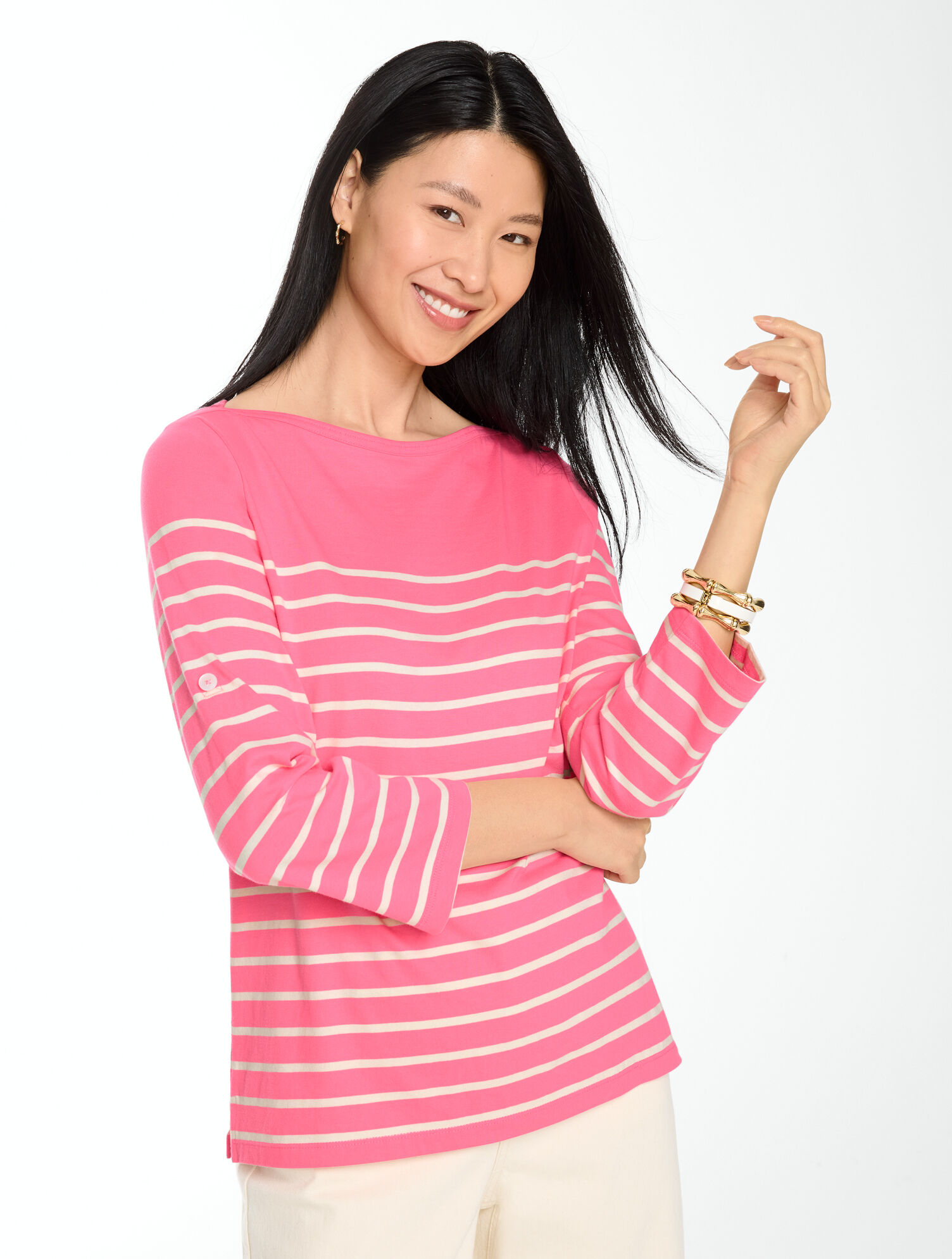 Roll Cuff Bateau Neck Top - Love Stripe