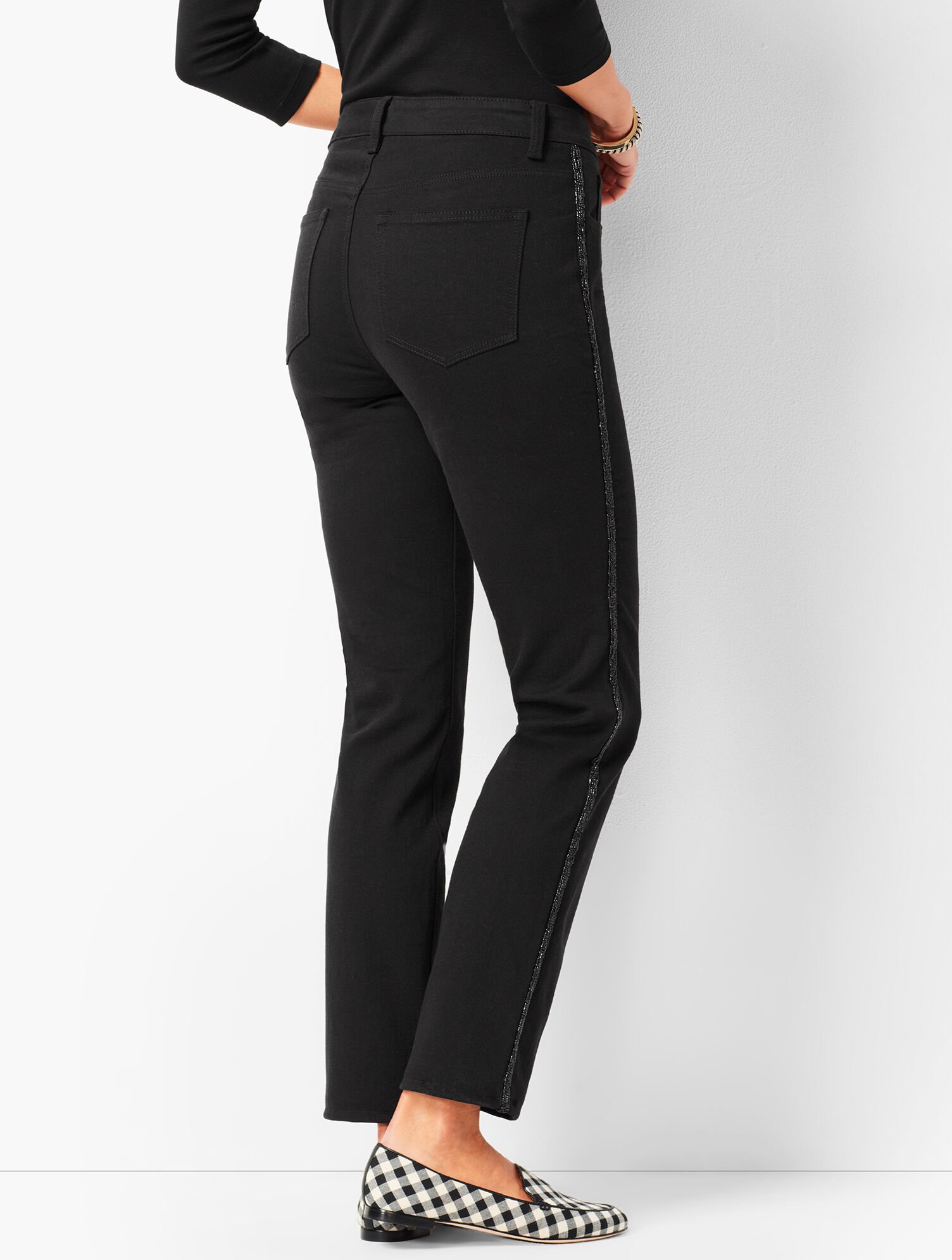 Beaded Tuxedo-Stripe High-Rise Straight-Leg Ankle Jeans - Never Fade Black