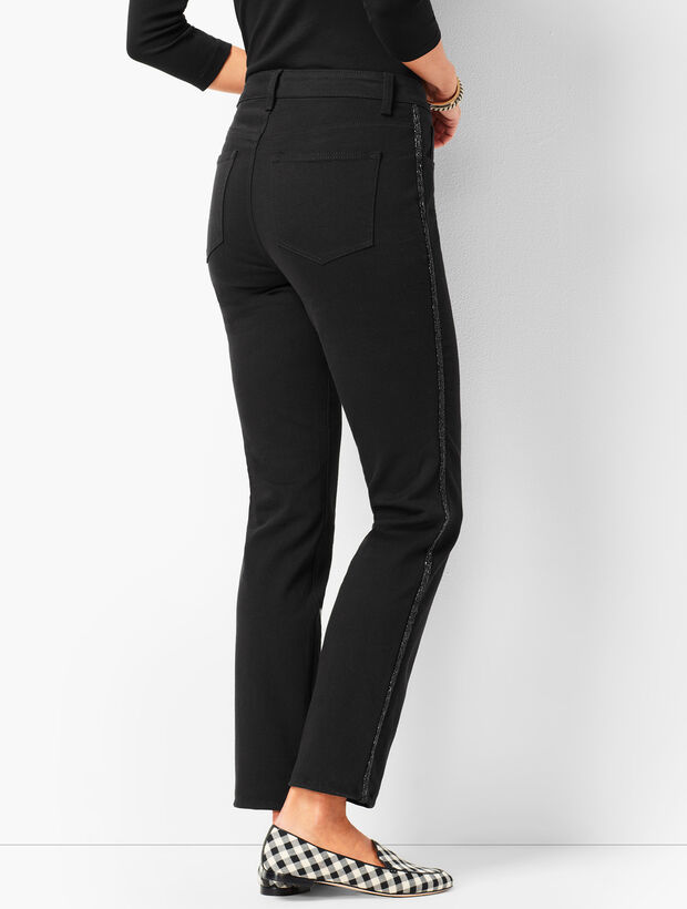 Beaded Tuxedo-Stripe High-Rise Straight-Leg Ankle Jeans - Never Fade Black