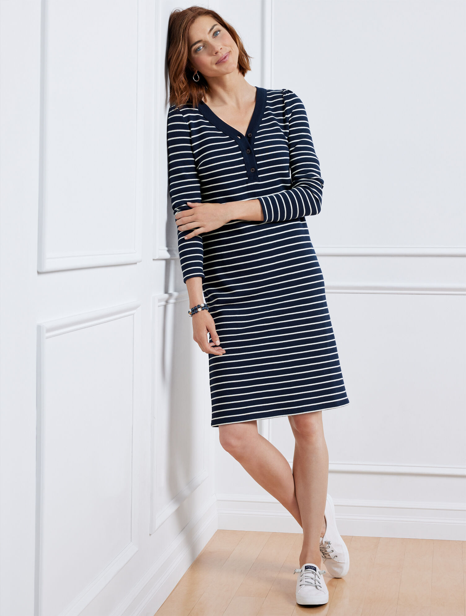 French Terry VNeck Sweatshirt Dress Dew Stripe Talbots