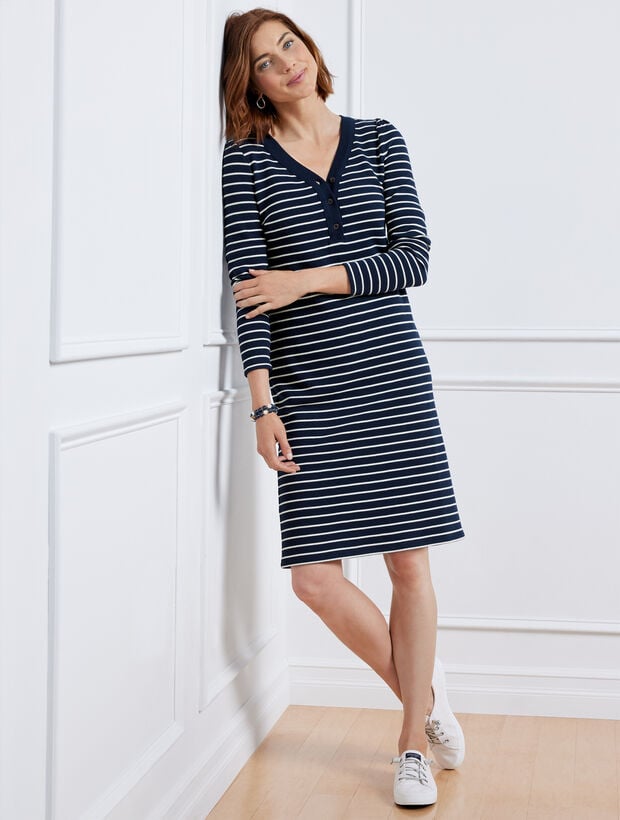 French Terry V-Neck Sweatshirt Dress - Dew Stripe