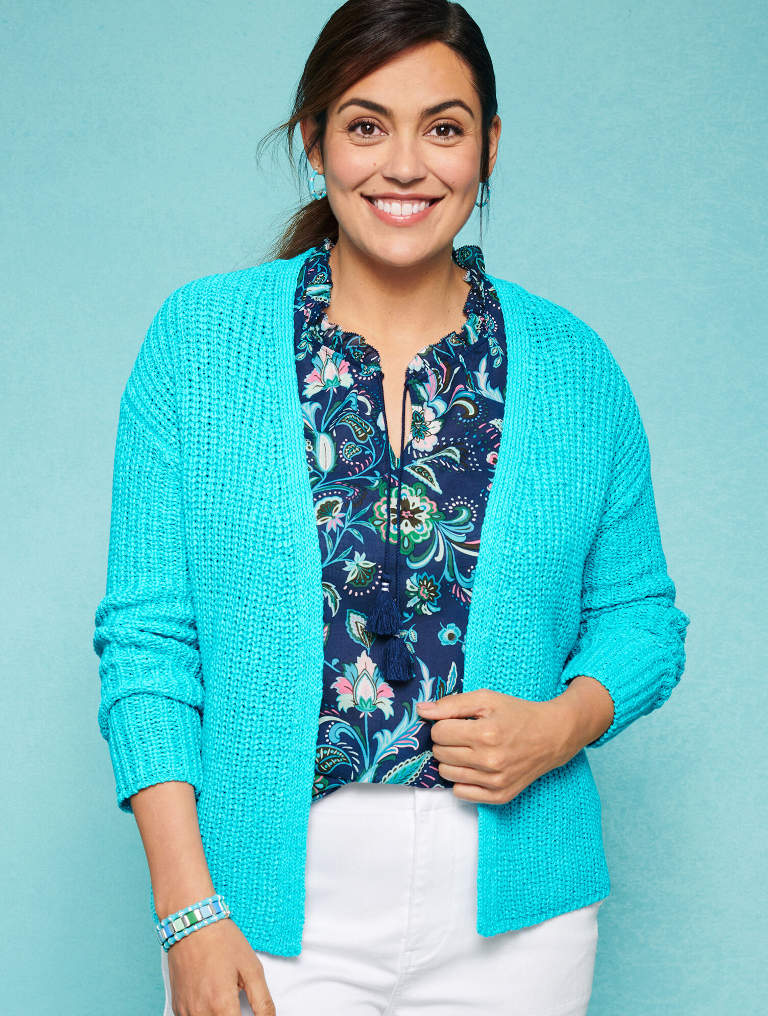 Shaker Stitch Open Front Cardigan Talbots