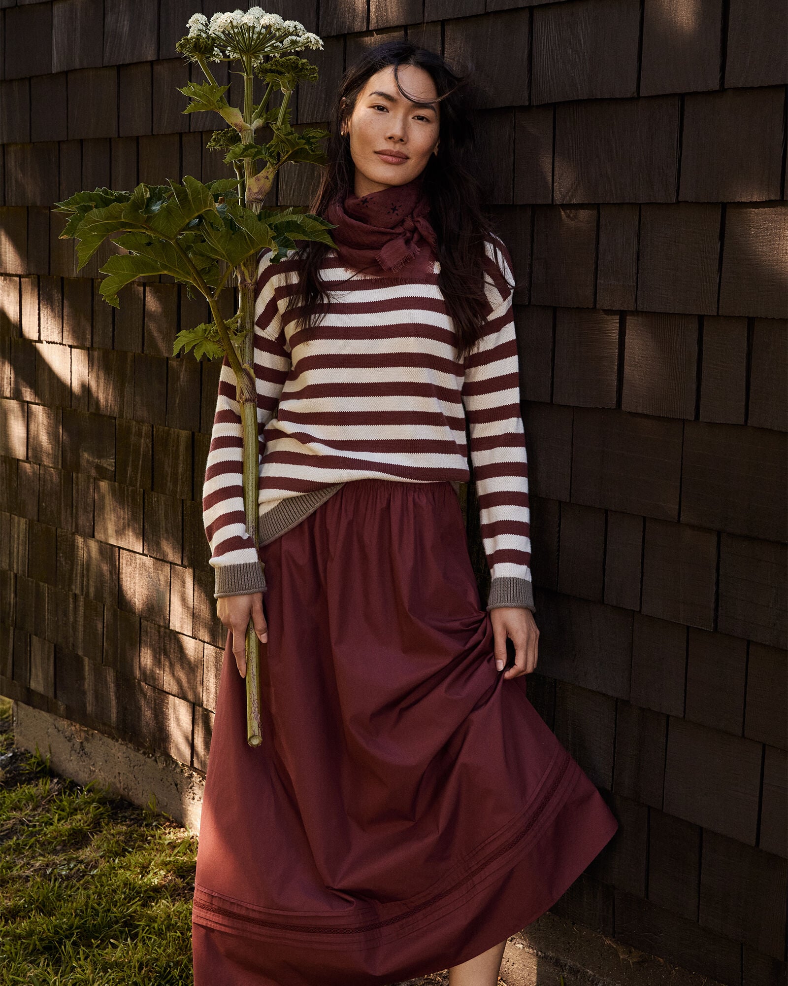 Pima Cotton Poplin Lace Pintuck Midi Skirt