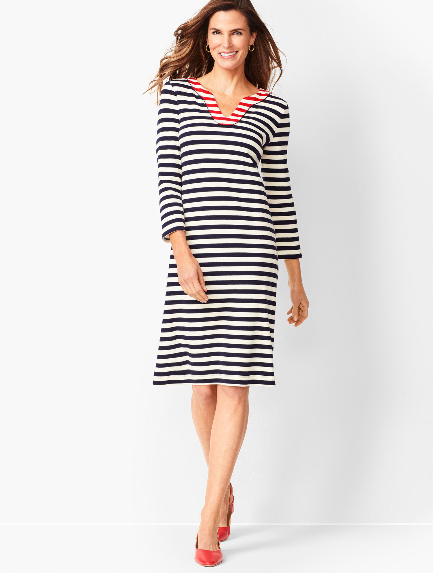 Trimmed Cotton Knit Shift Dress - Stripe | Talbots