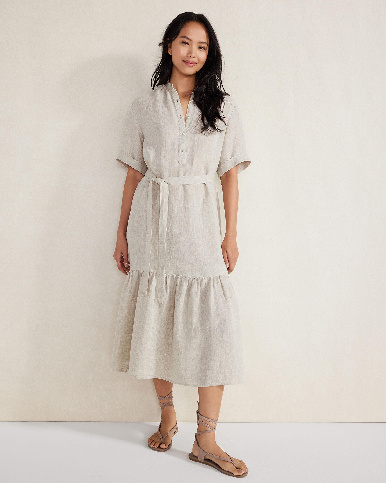 knee length dresses for ladies Frances White Linen Tiered Dress - US 0