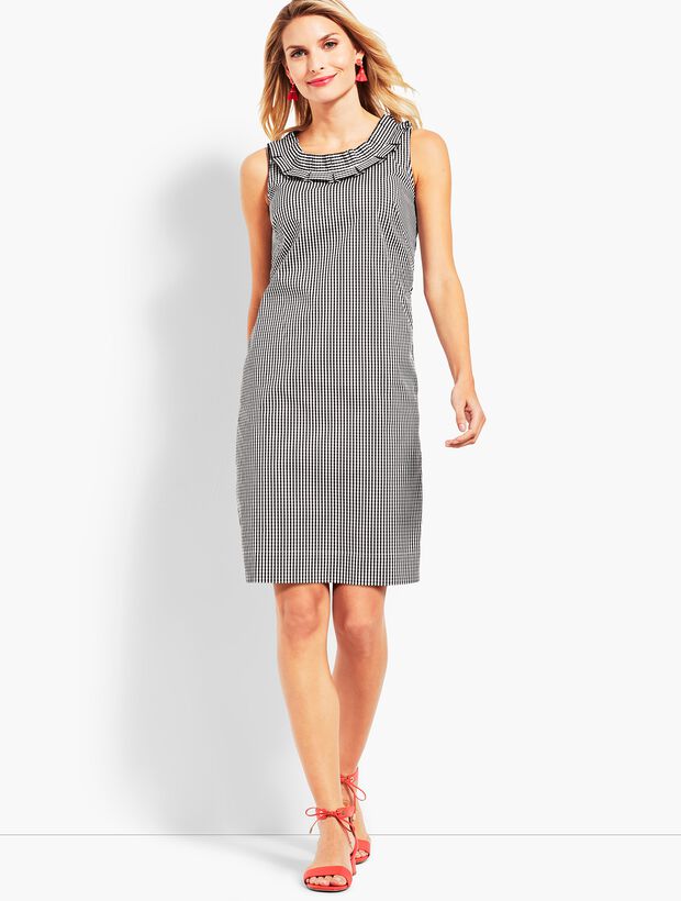 Gingham Pleated-Neck Shift Dress