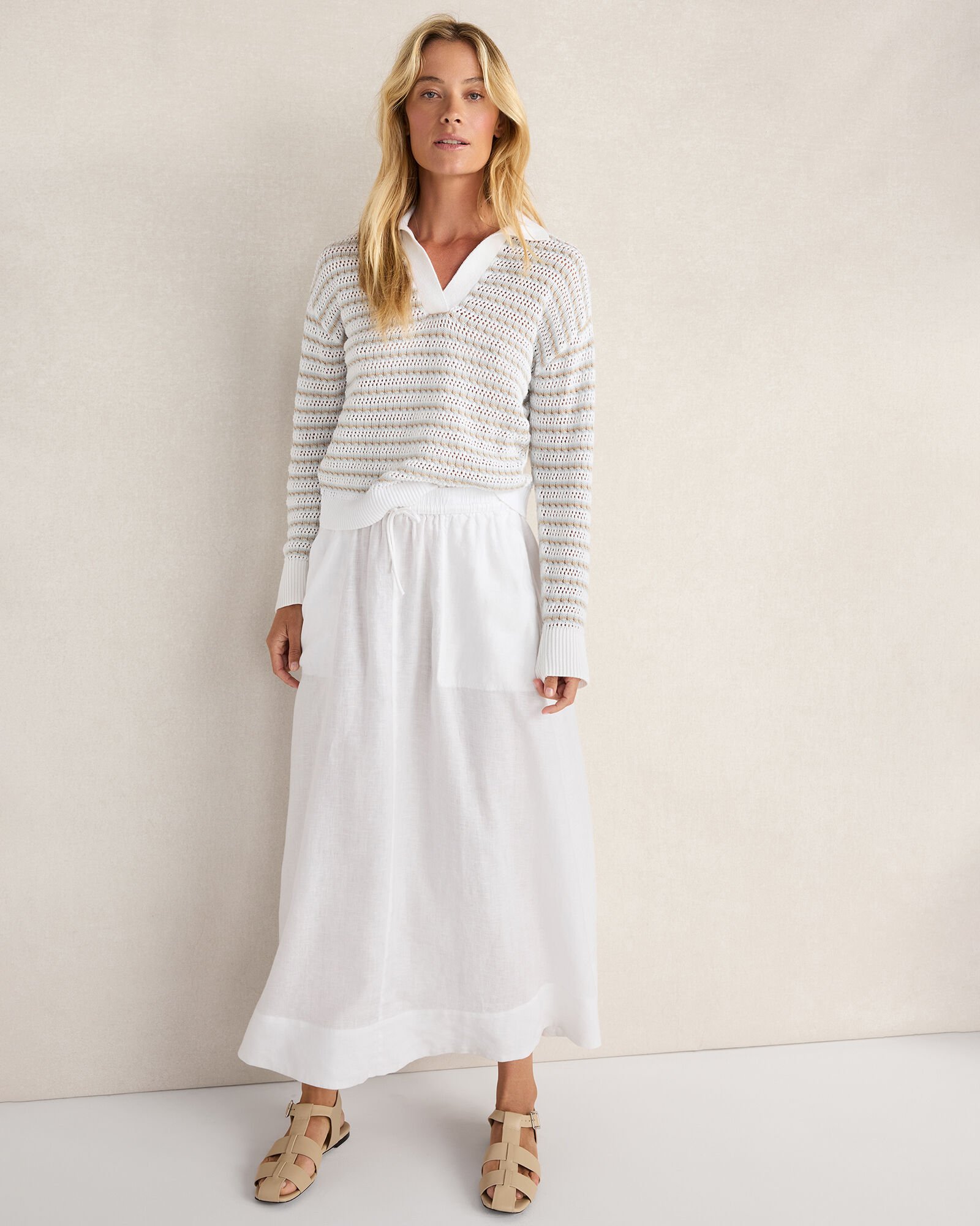 Organic Cotton Stripe Mixed Stitch Johnny Collar Sweater
