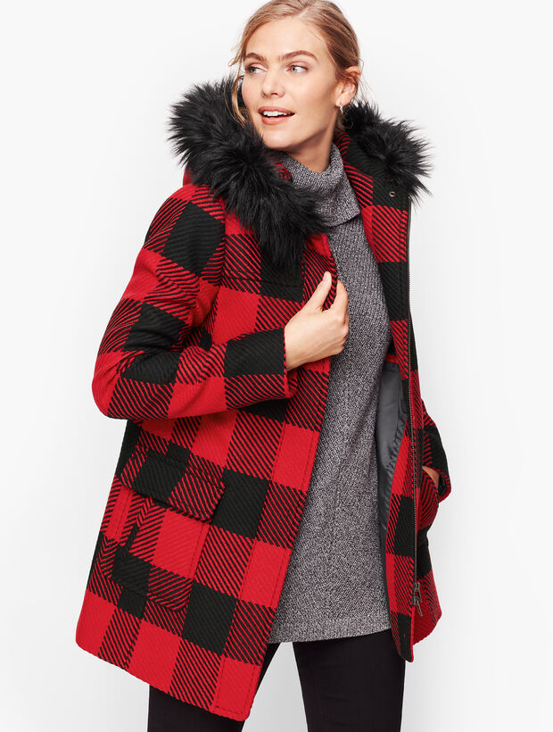 Faux Fur Trim Wool Jacket - Buffalo Check