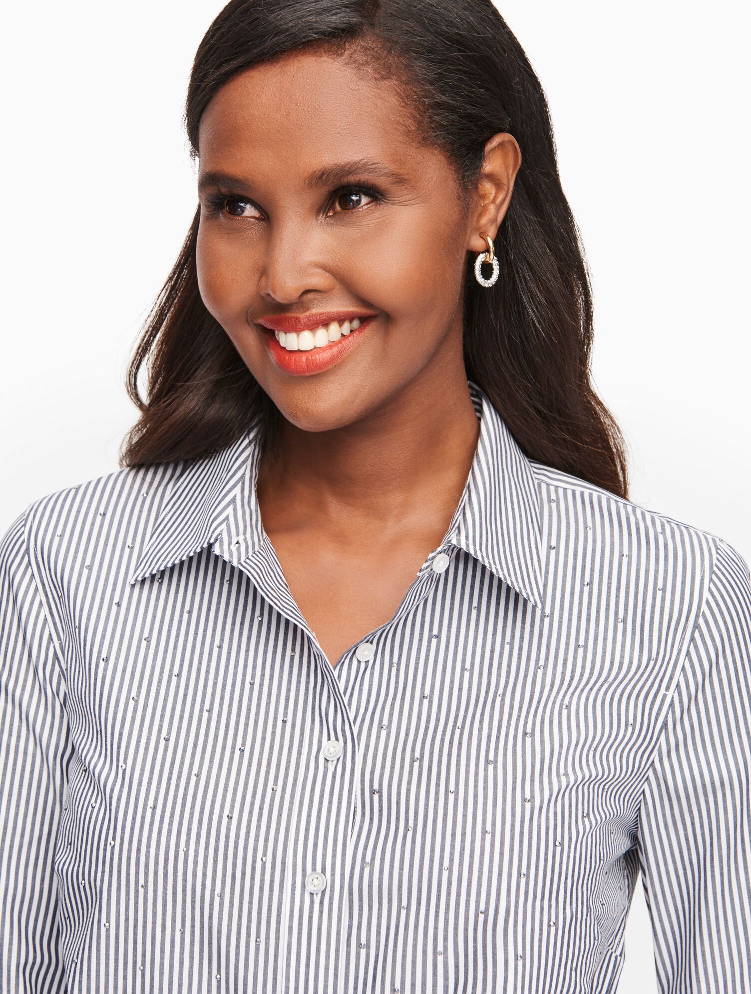 striped dress shirt women's Women's White & Blue Stitch Stripe Semi-Fitted Shirt
