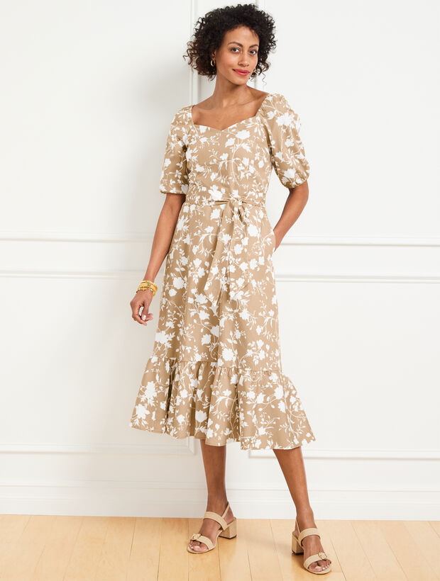 Silhouette Blooms Puff Sleeve Poplin Midi Dress