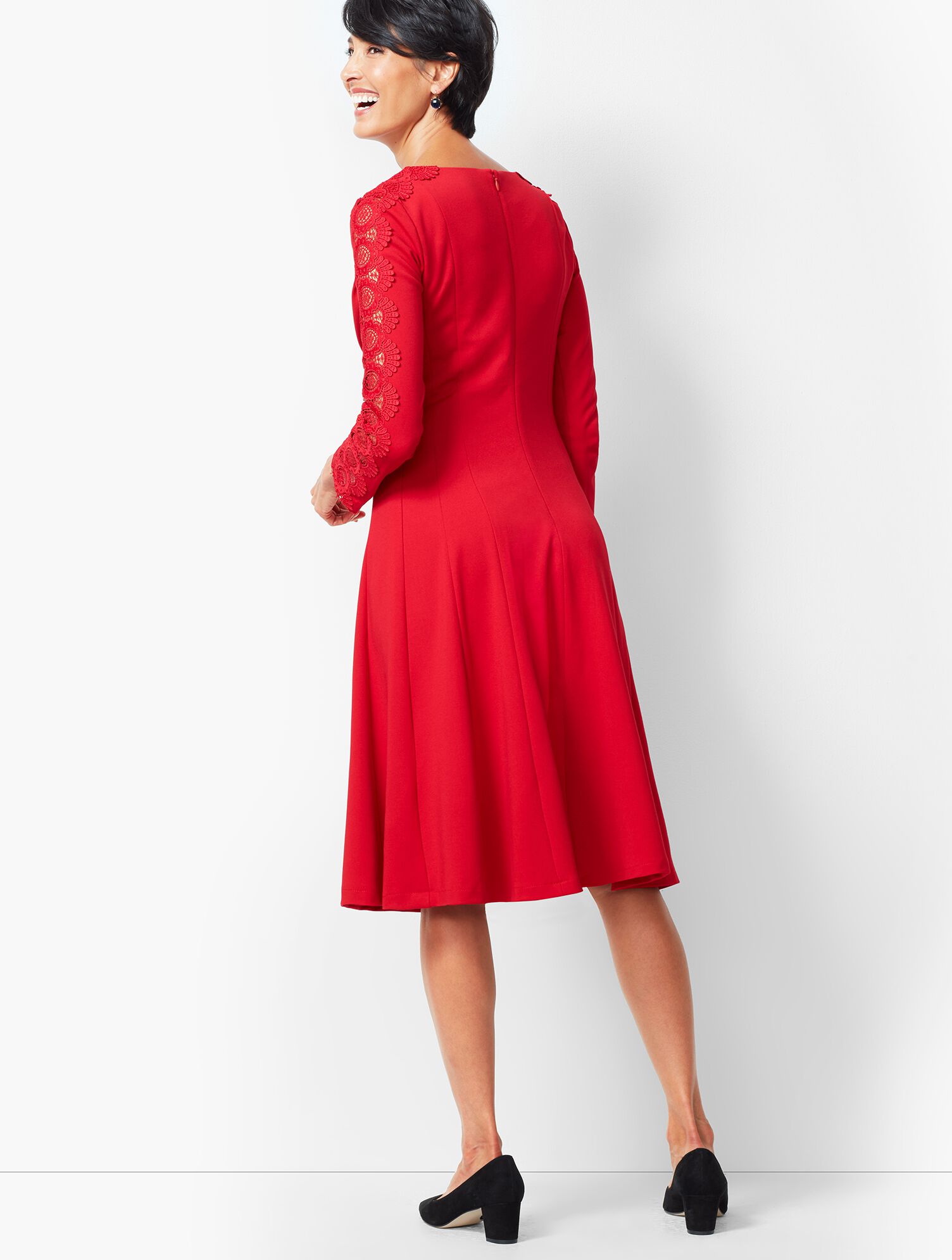 Lace Sleeve Ponte Fit &amp; Flare Dress