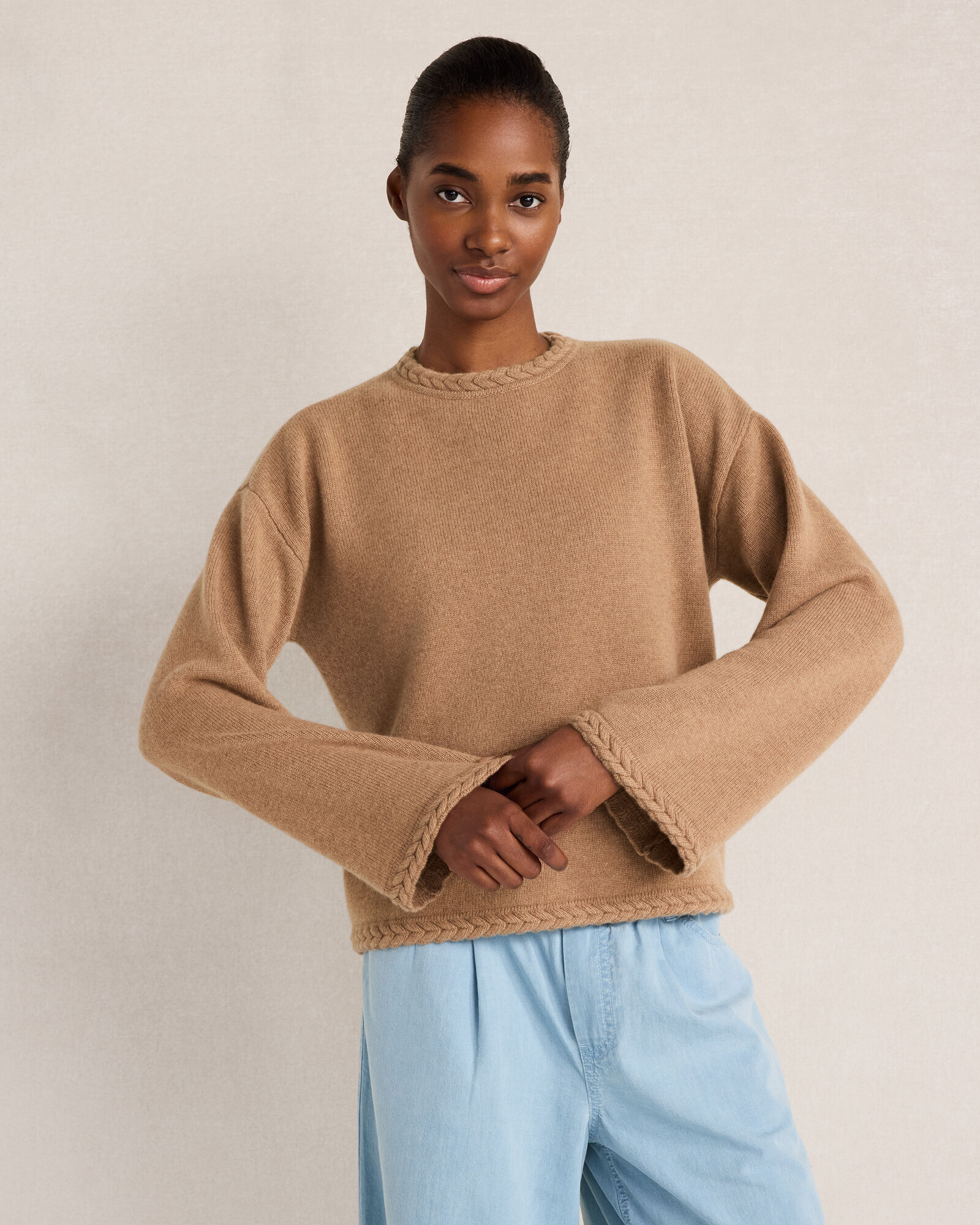 Cashmere Cable Trim Crewneck Sweater