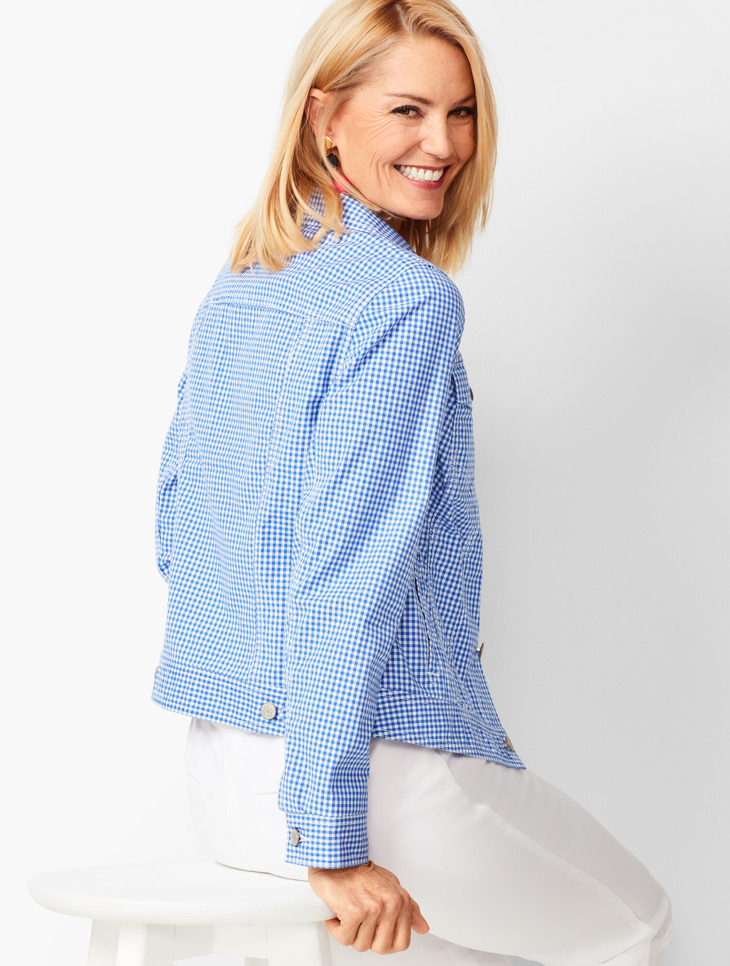 Talbots Women 4 Jacket Blue White Check Cotton Gingham Lined ID1524