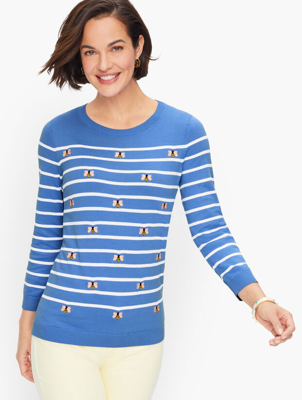 Stripe Embroidered Bee Crewneck Sweater