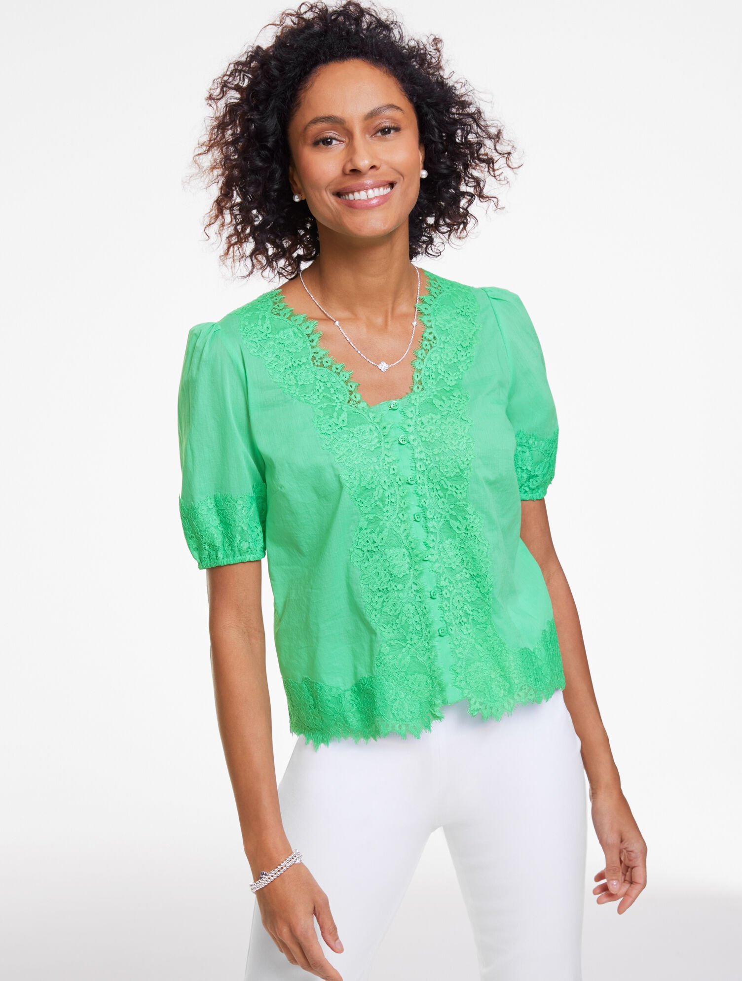 Lace Trim Voile Elbow Sleeve Top