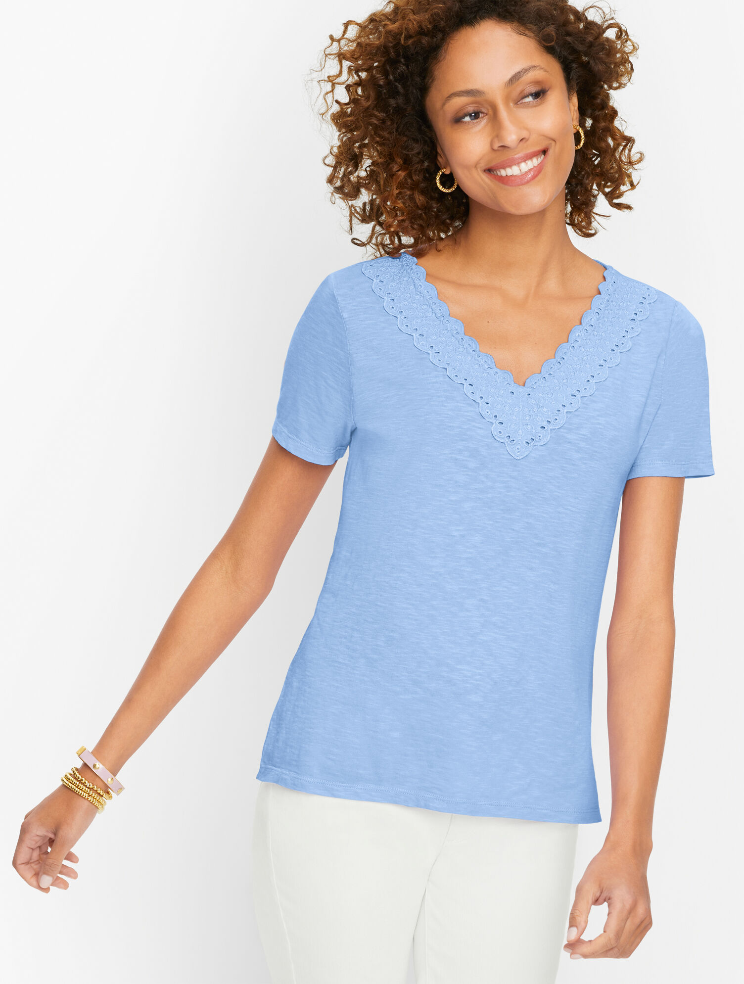 Lace Trim V-Neck Tee | Talbots