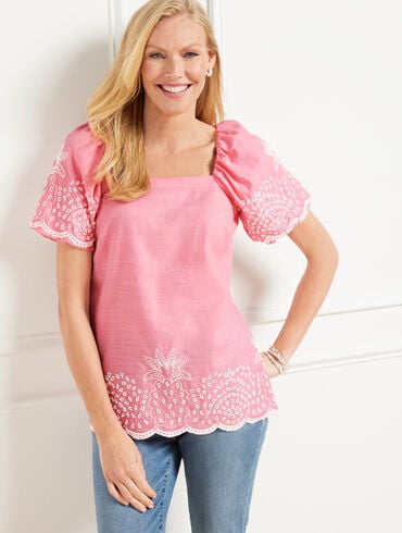 Linen Blend Square Neck Top - Embroidered Pineapple