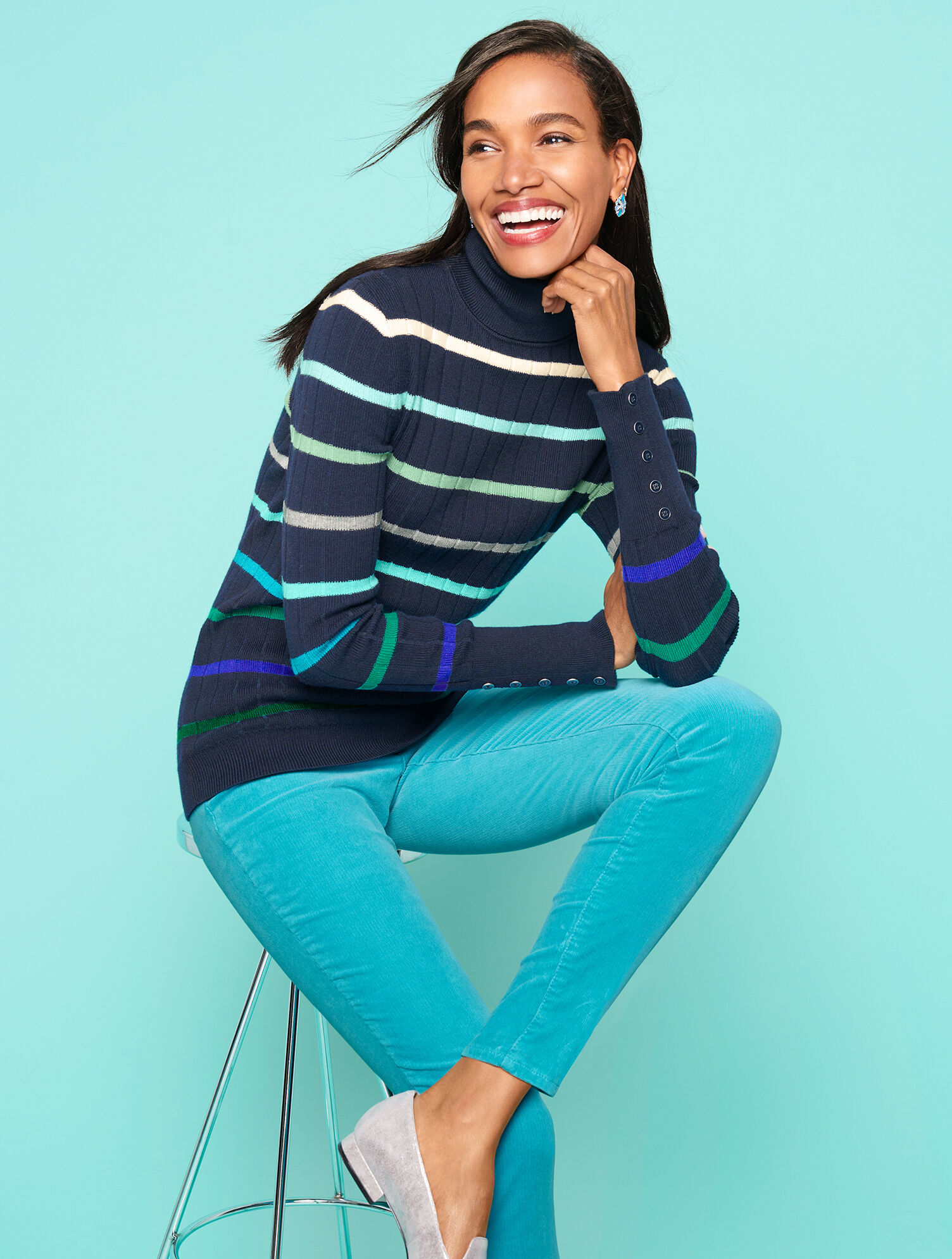 Button Cuff Stripe Turtleneck Sweater