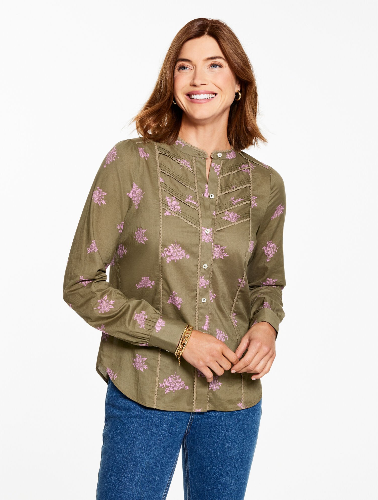 Lace Trim Shirt - Floral Clusters