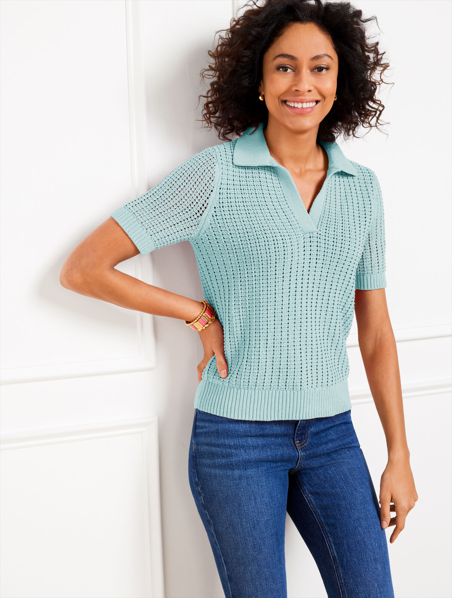 Pointelle Stitch Polo Sweater - image 1