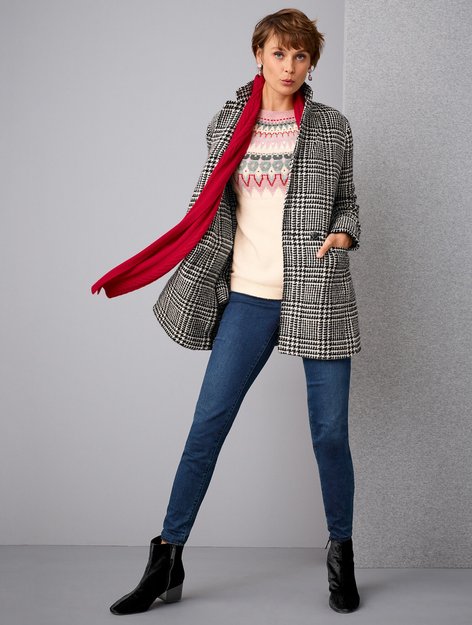 Long Boiled Wool Jacket - Plaid