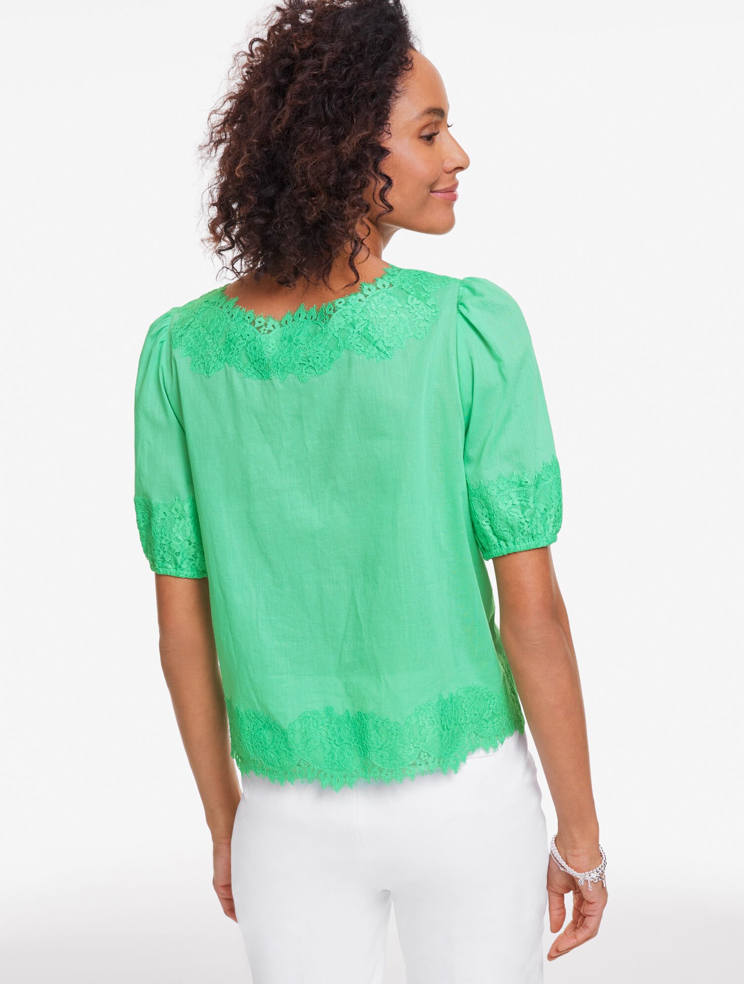 Lace Trim Voile Elbow Sleeve Top