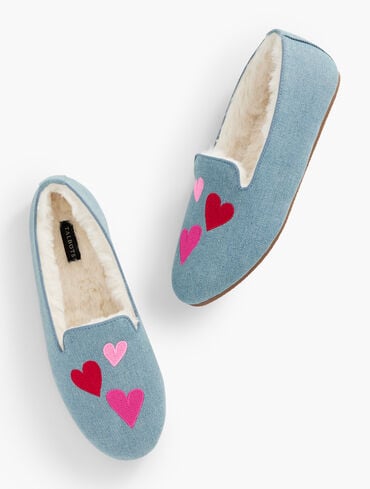 Embroidered Hearts Denim Slippers