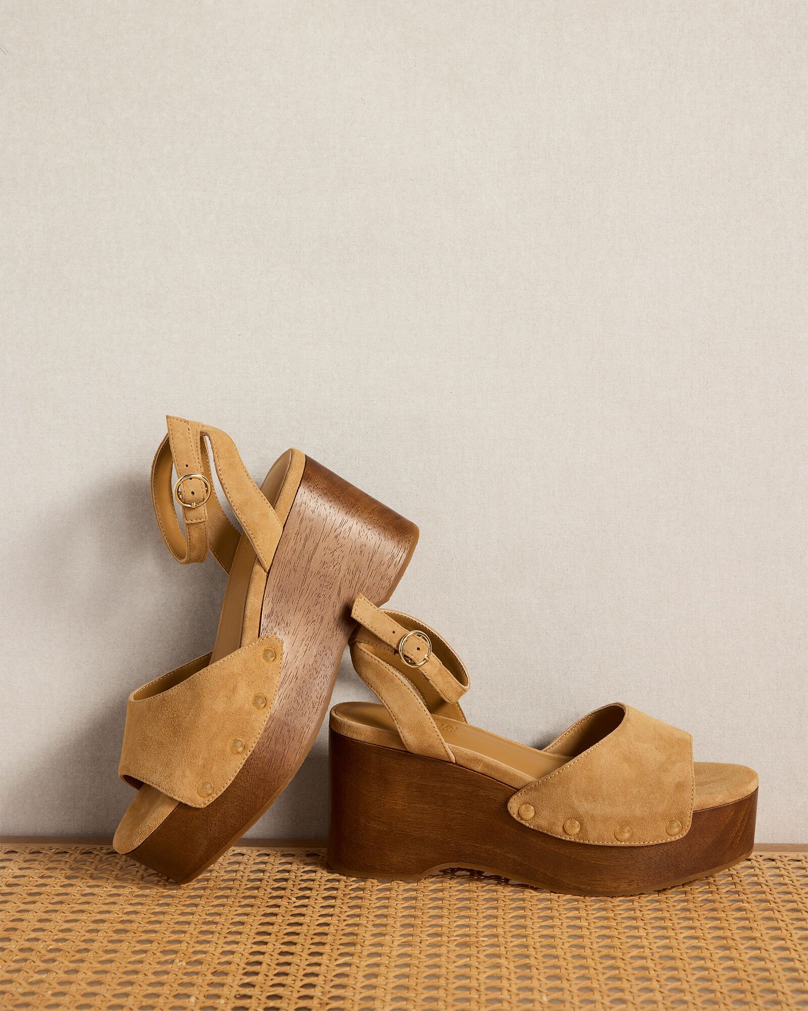 Suede and Wood Platform Sandals