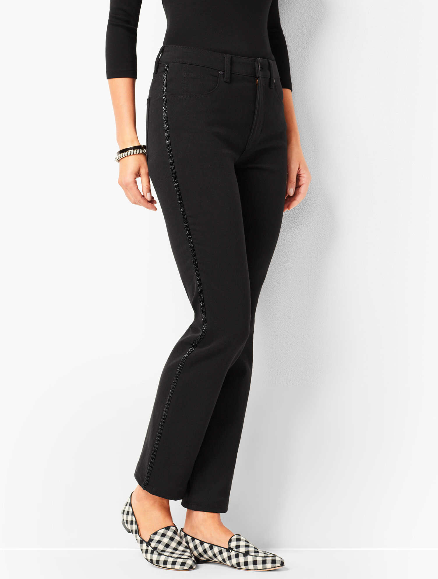 Beaded Tuxedo-Stripe High-Rise Straight-Leg Ankle Jeans - Never Fade Black
