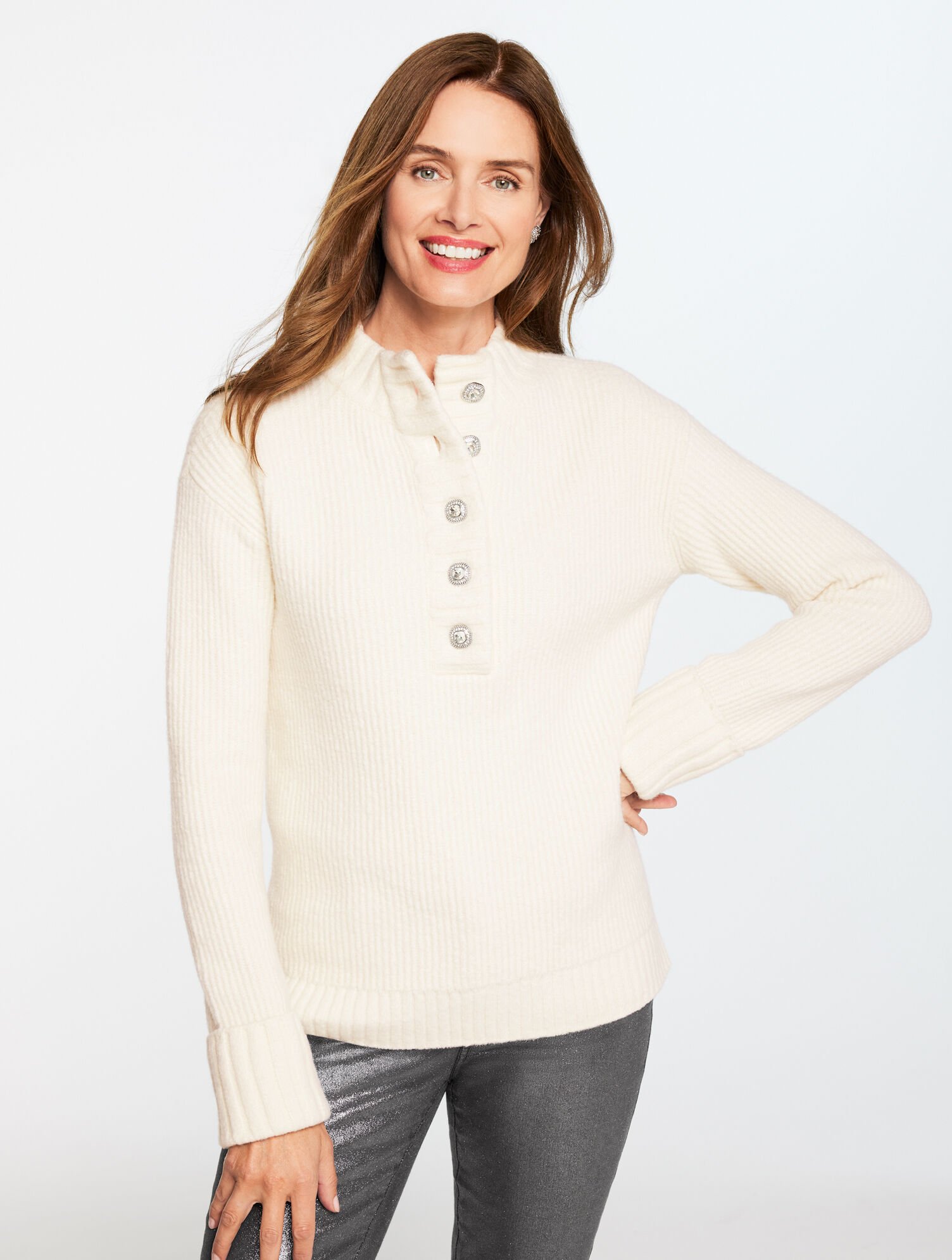 Jewel Button Henley Sweater