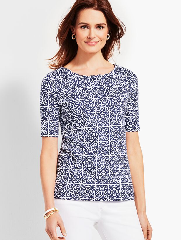 Scallop-Neck Elbow-Sleeve Tee-Tile Print