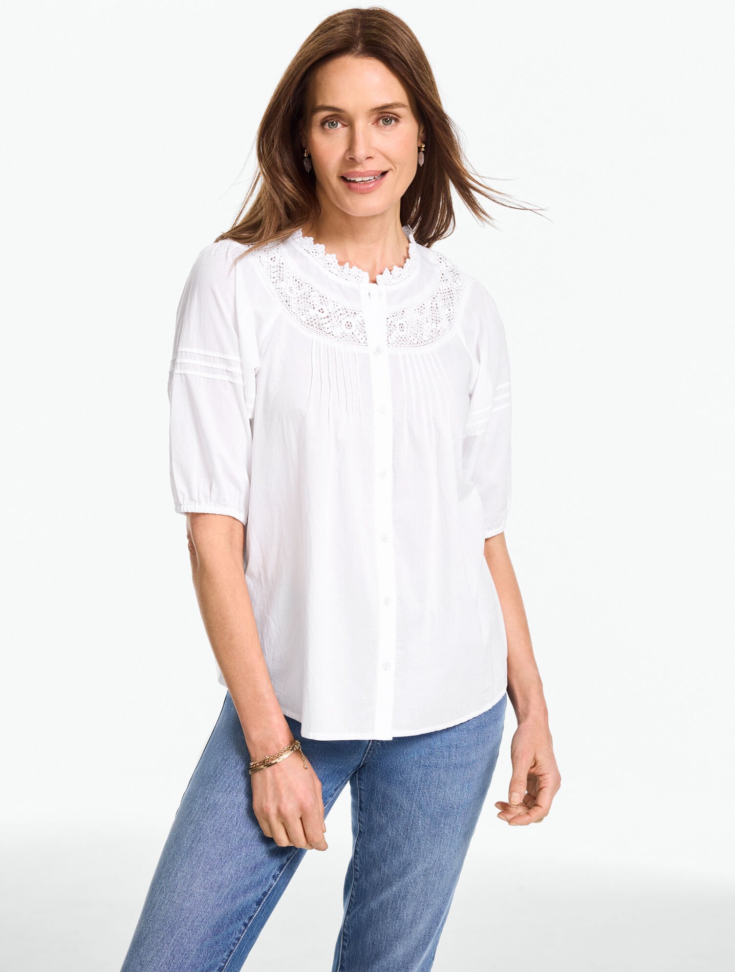 Lace Trim Button Front Voile  Top