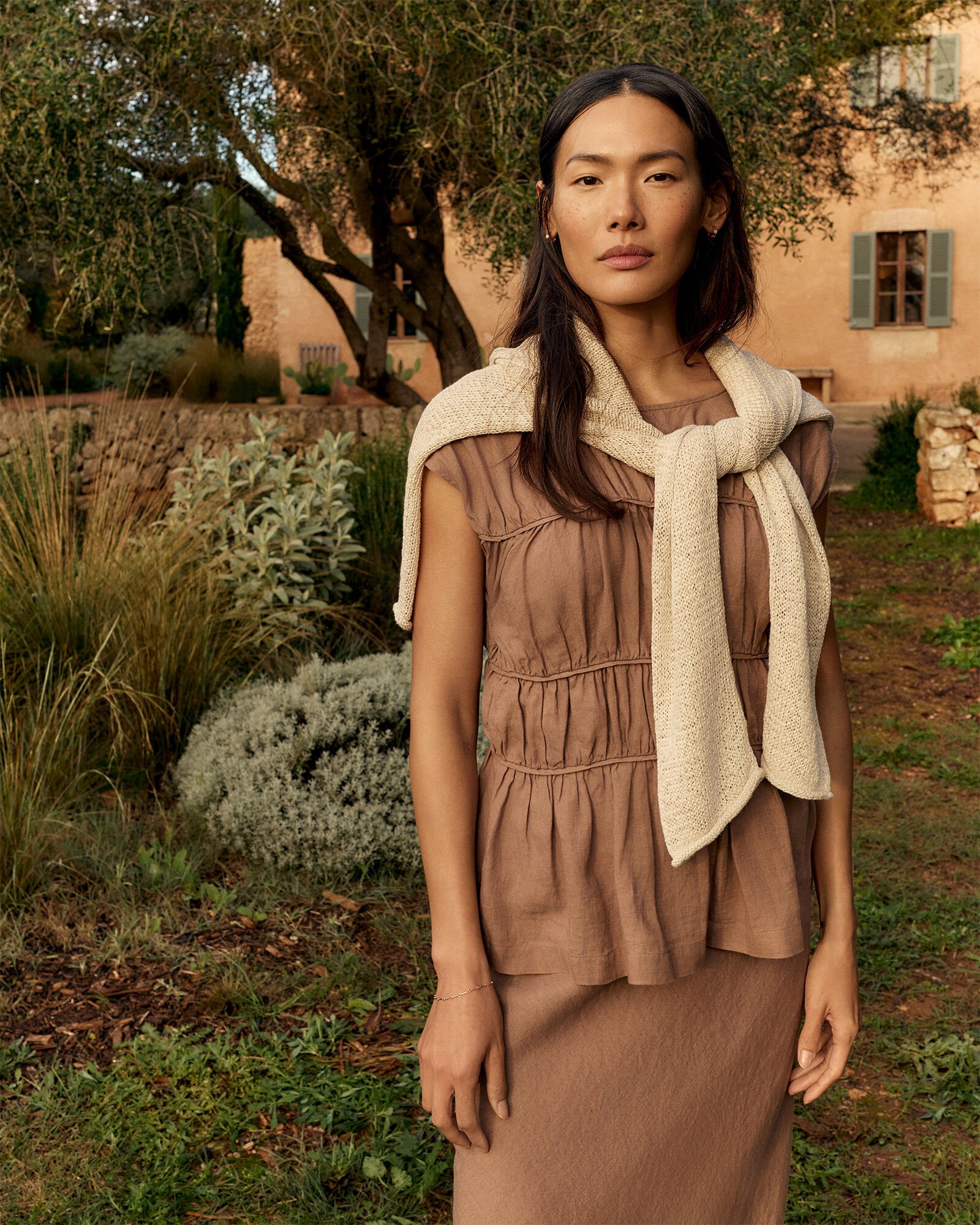 Linen Shirred Sleeveless Top