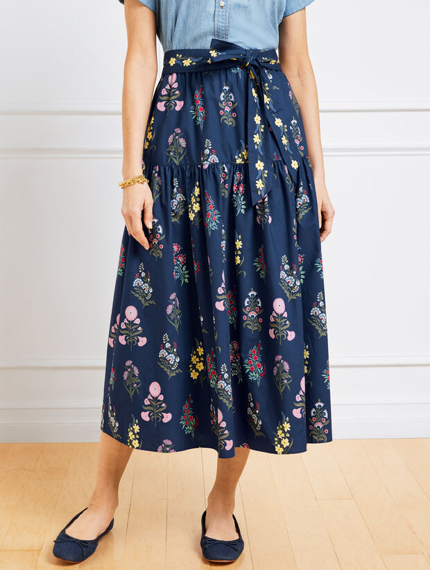 Modern Poplin Flounce Midi Skirt - Floral Radiance