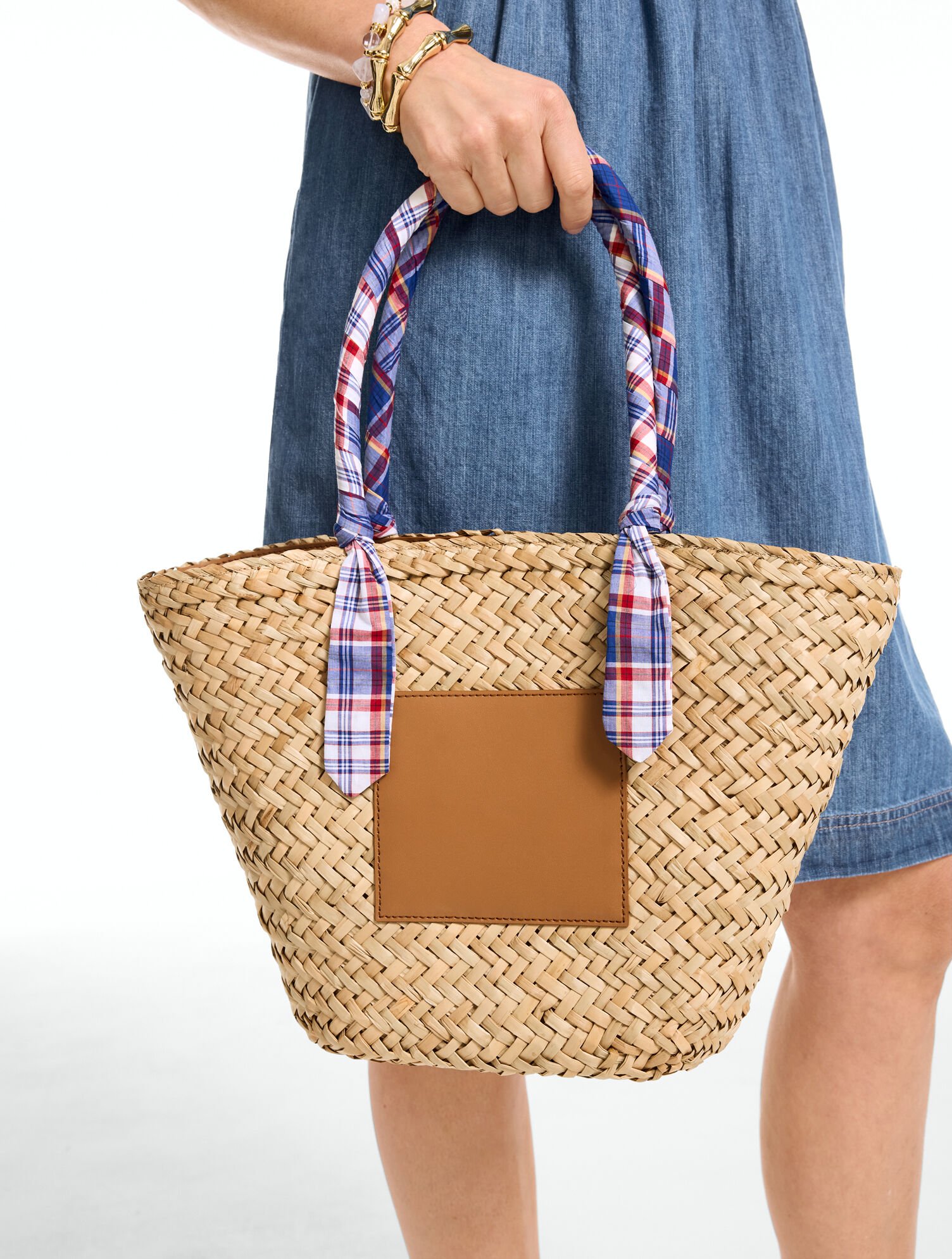 Fresh Madras Scarf Straw Tote