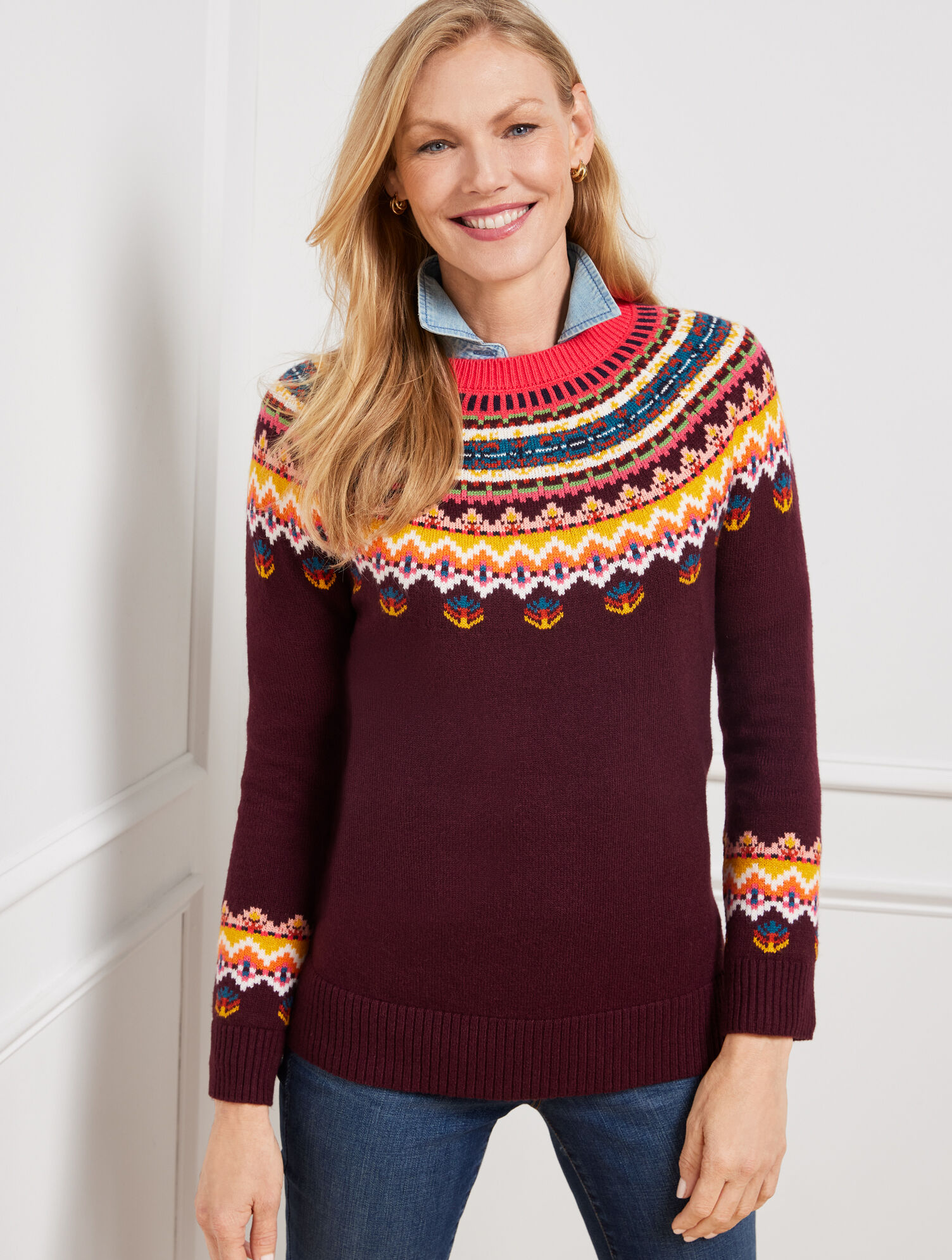 Fair Isle Yoke Crewneck Sweater | Talbots