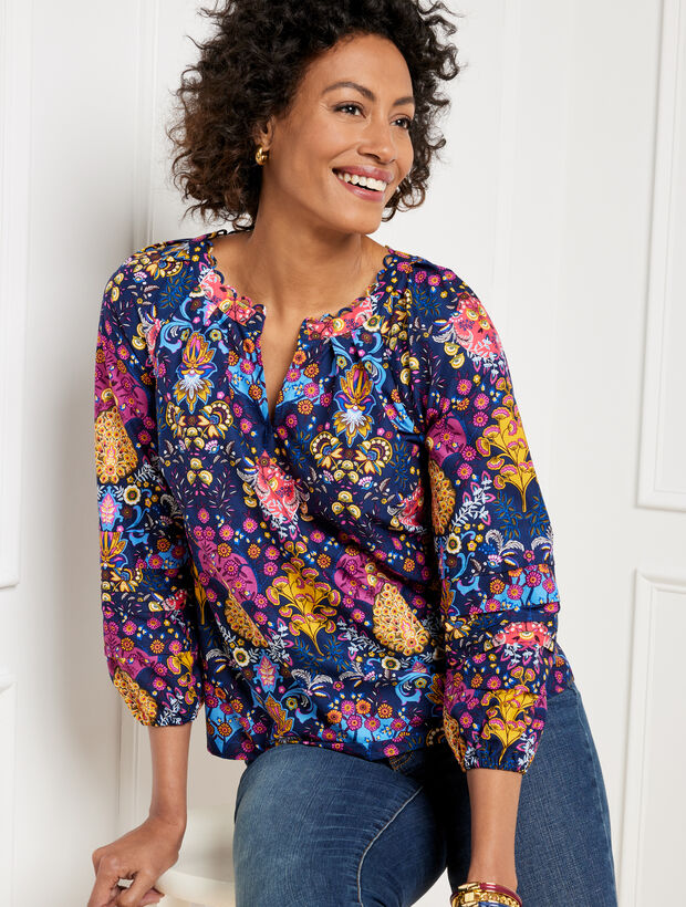 Pleated Sleeve Poplin Top - Floral Medallion