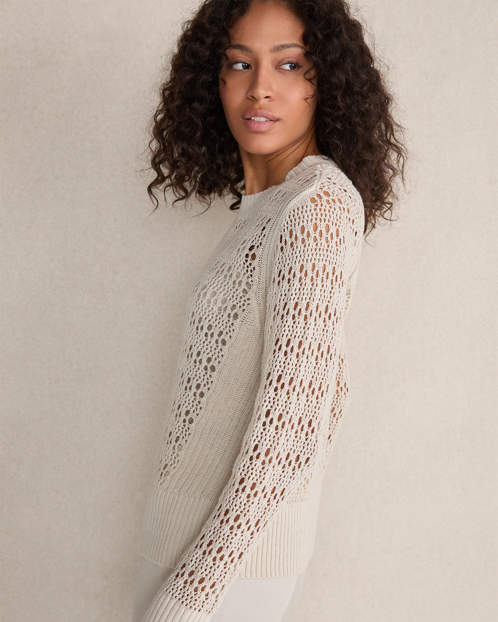 Organic Cotton Linen Open Stitch Crewneck Sweater