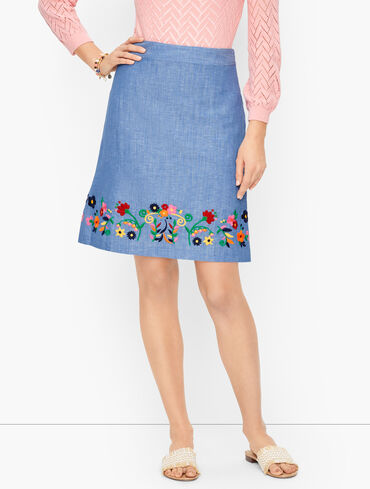 Embroidered Linen A-line Skirt