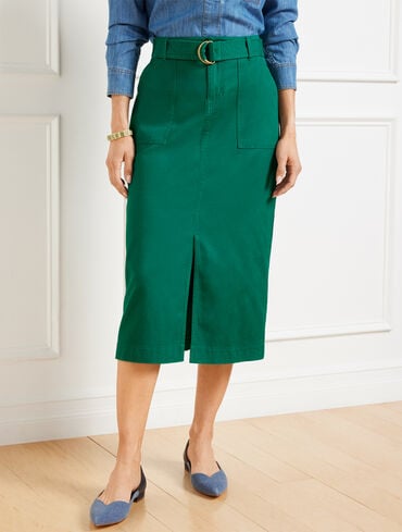 Belted Twill Midi Skirt