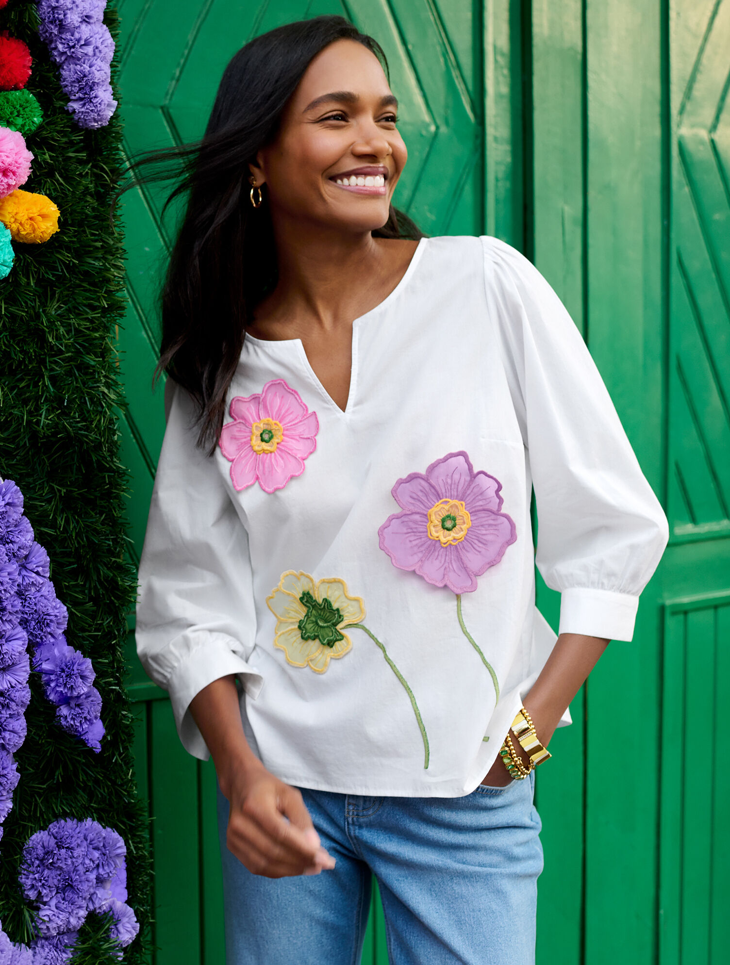 Floral Embroidered Poplin Top | Talbots