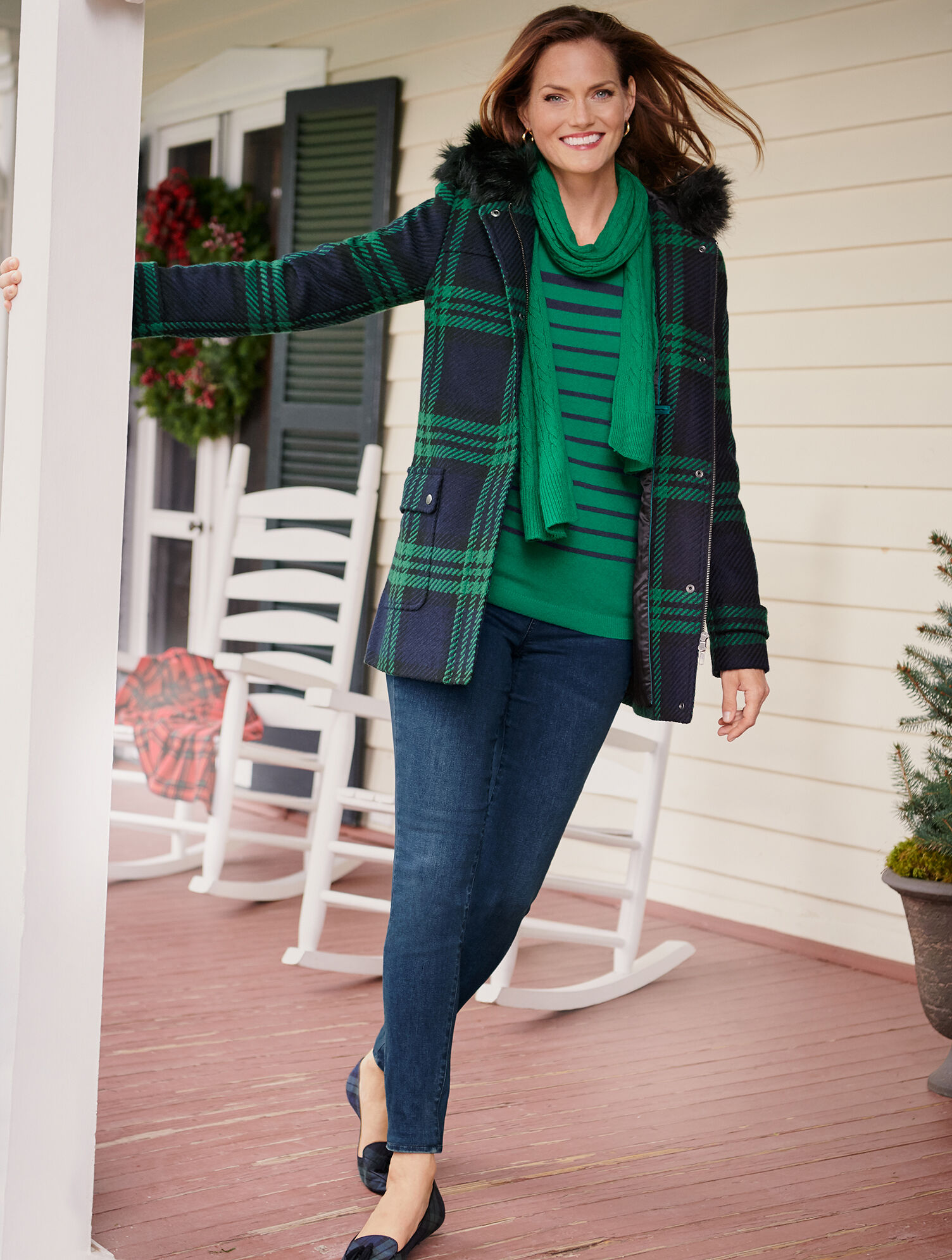 Faux Fur Lined Parka - Black Watch Plaid