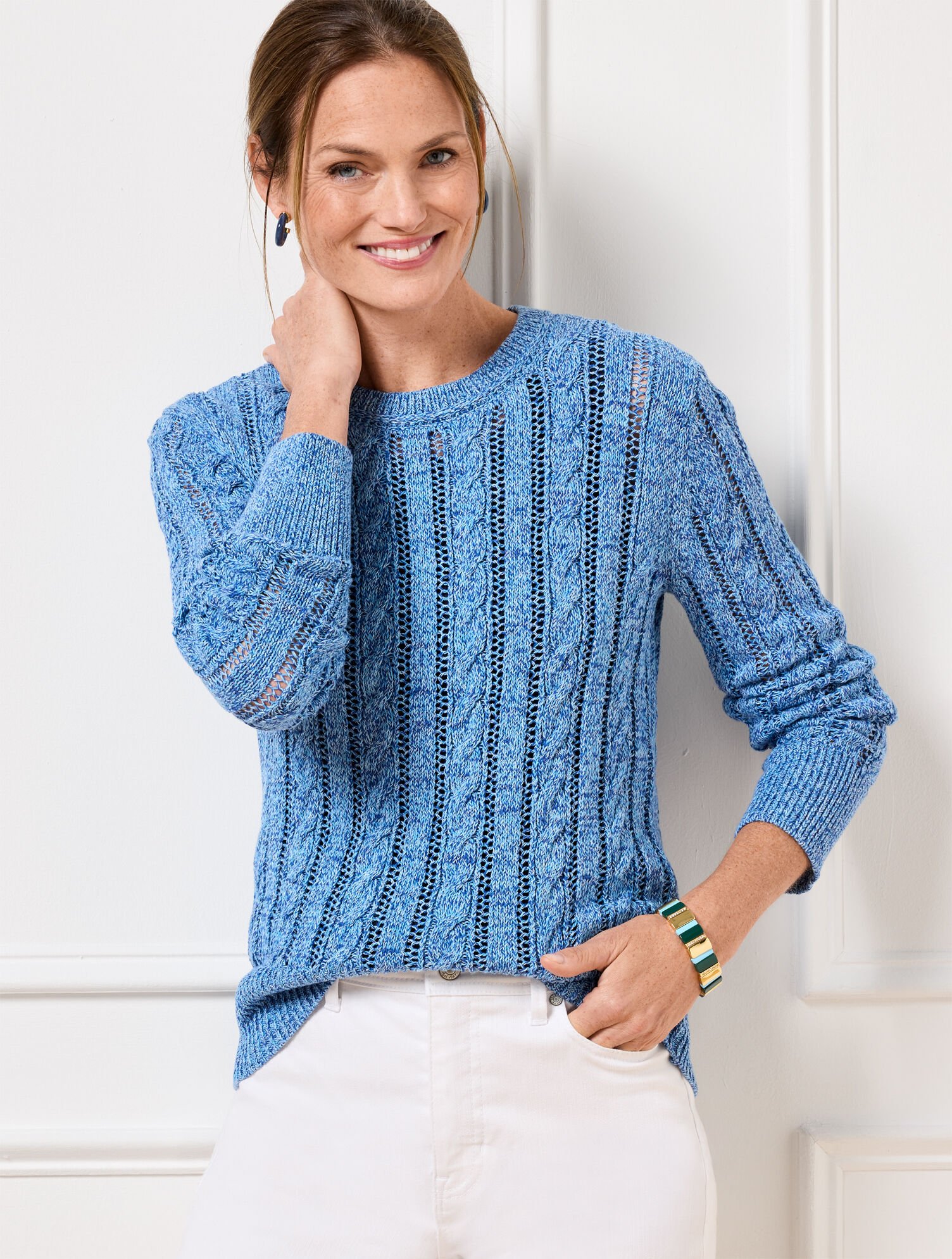 Open Knit Cable Crewneck Sweater Marl Talbots