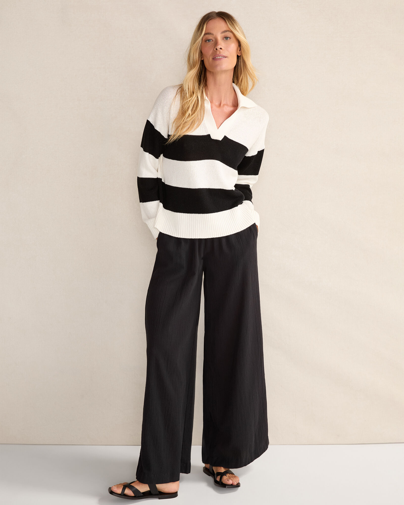 Organic Cotton Linen Stripe Johnny Collar Sweater