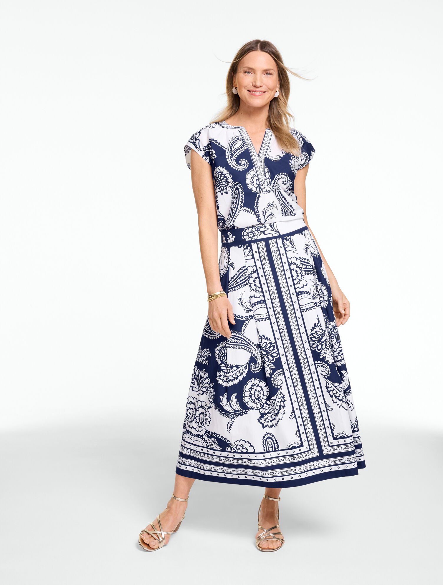Poplin Pleated Midi Skirt - Twirling Paisley