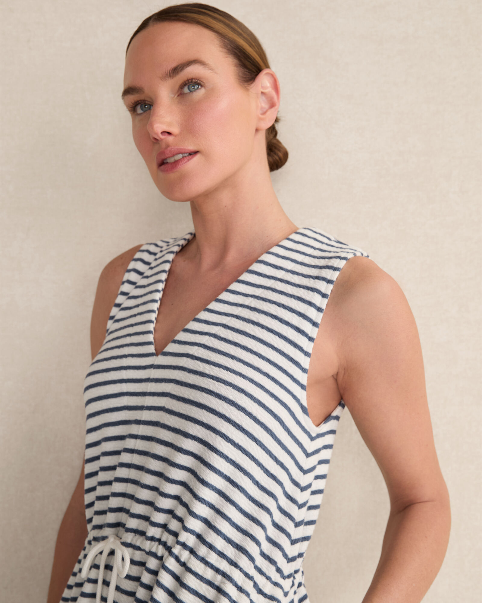 Cotton Blend Textured Stripe Midi Dress
